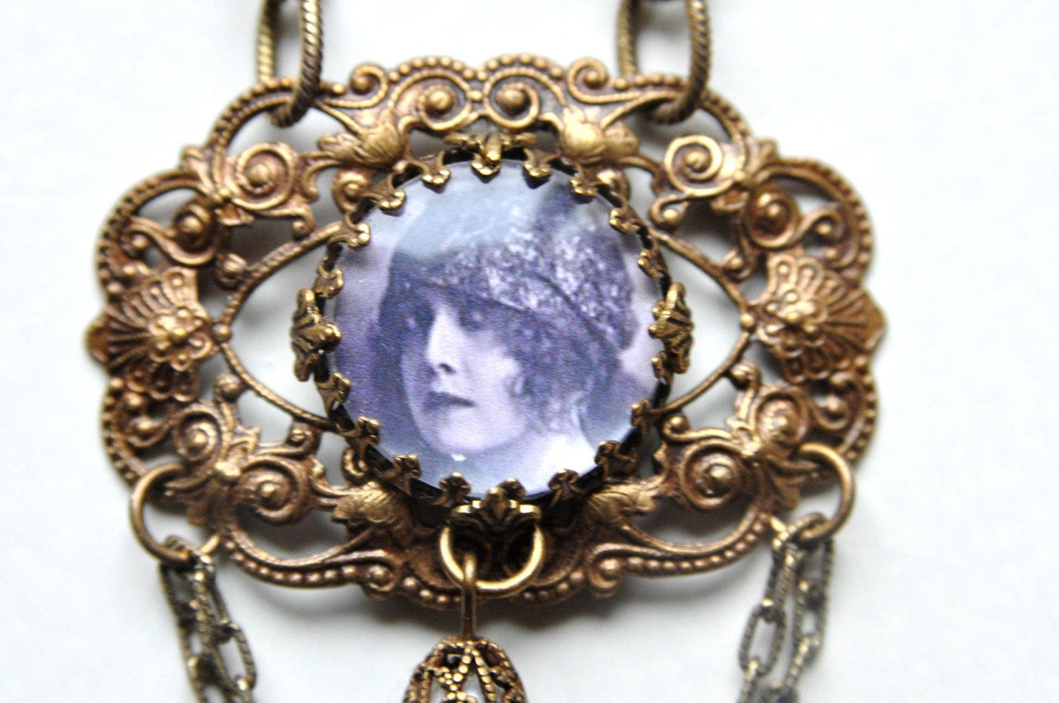 Antique Style Brass Filigree Photo Necklace.