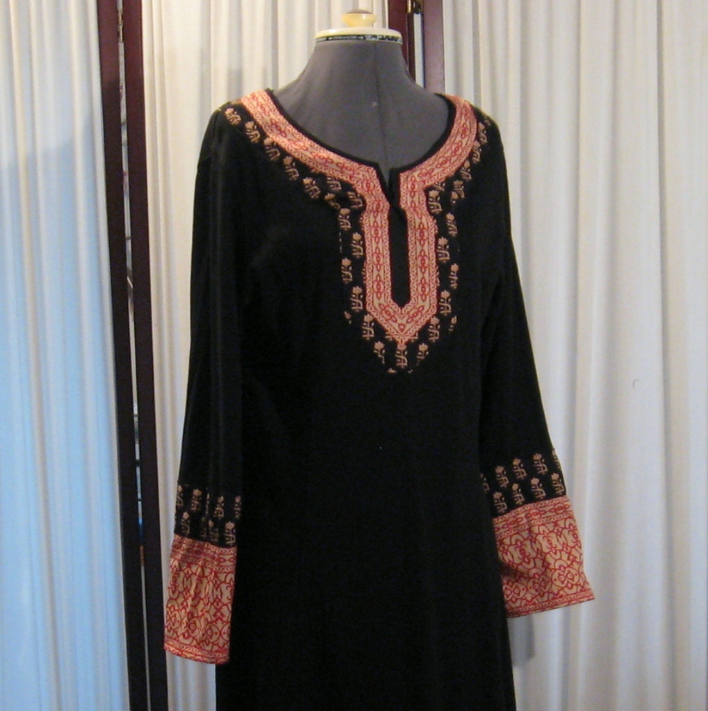 Reconstructed Recycled EcoFriendly Ladies' Black Dress Sz Large LS with Black/Red/Cream Indian Silk Ethnic Asian Repurposed
