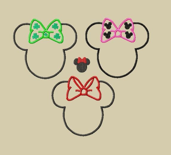 INSTANT DOWNLOAD - 4 Designs - Mouse Head with Bow Applique Embroidery Design Plain Bow, Shamrock Bow and Mouse Head Bow in 5x7 and 1 mini