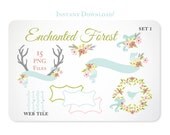 Antlers, Flowers, Ribbons, Bows & Bird Clipart Design Elements in Pastel - Instant Download - set 1