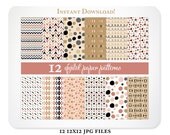 Dashes & Dots Digital Scrapbook Paper in Blush, Black and Gold - INSTANT DOWNLOAD