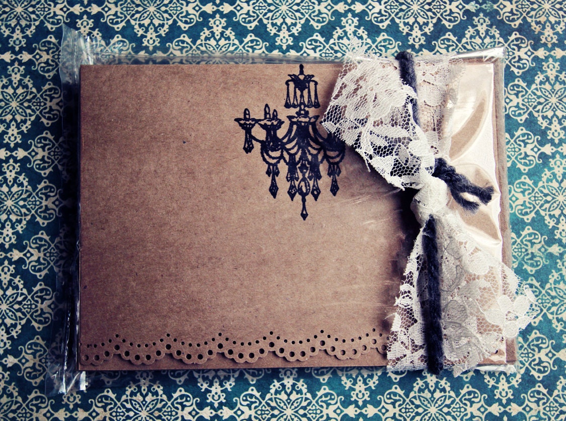 Chandelier, Doily Punched, Brown Kraft Paper Cards, Set of 5