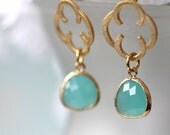 Turquoise Gold Earrings, Clover Posts, Drop Earrings, Dangle Earrings, Birthday Gift, Bridal Jewelry, Anniversary Gift, Mother's Day Jewelry