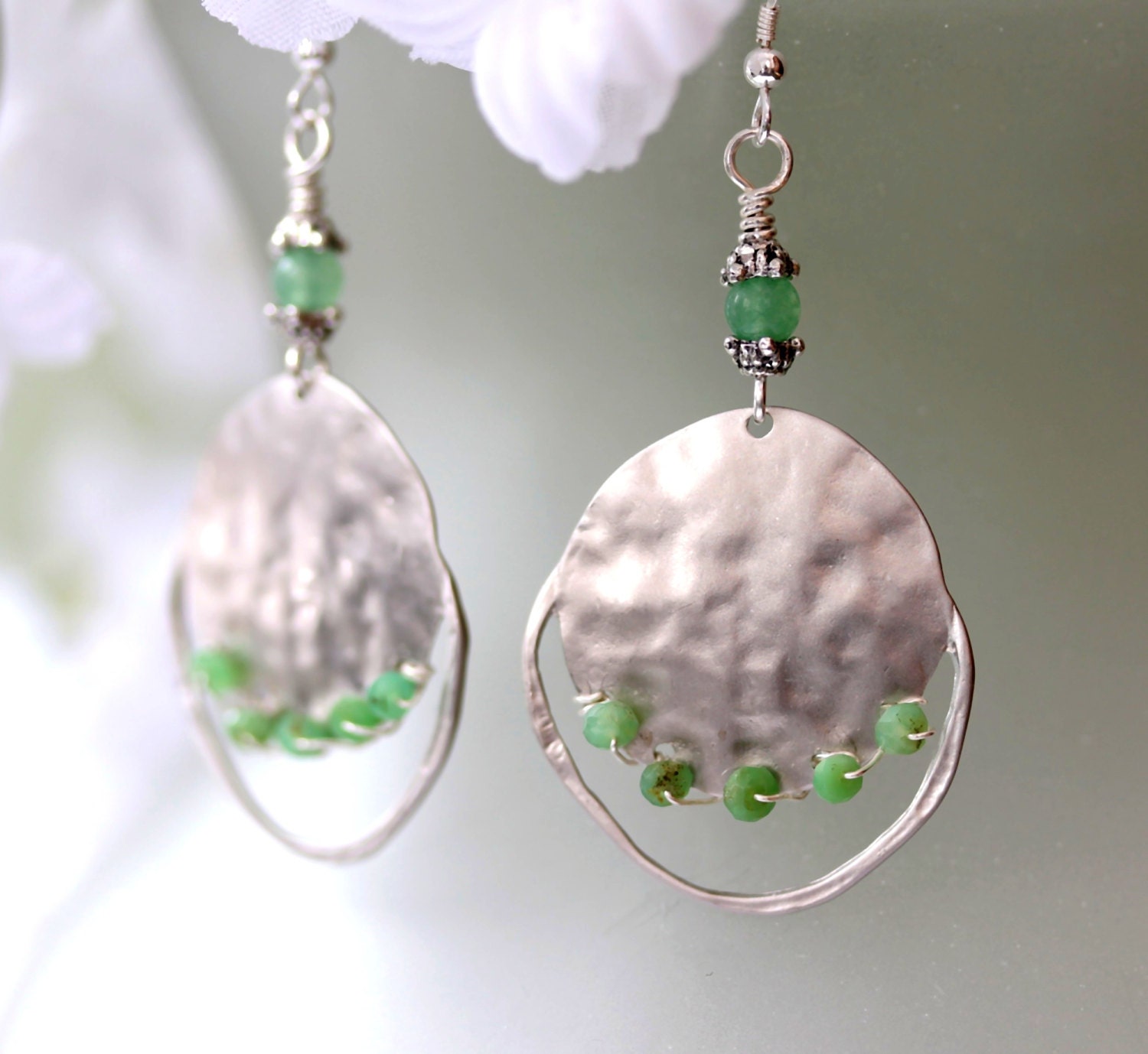 Silver Hammered Disc Earrings, Jade, Chrysoprase, Chandelier Earrings, Drop Earrings, Dangle Earrings, Gemstone Earrings, Bridal Jewelry