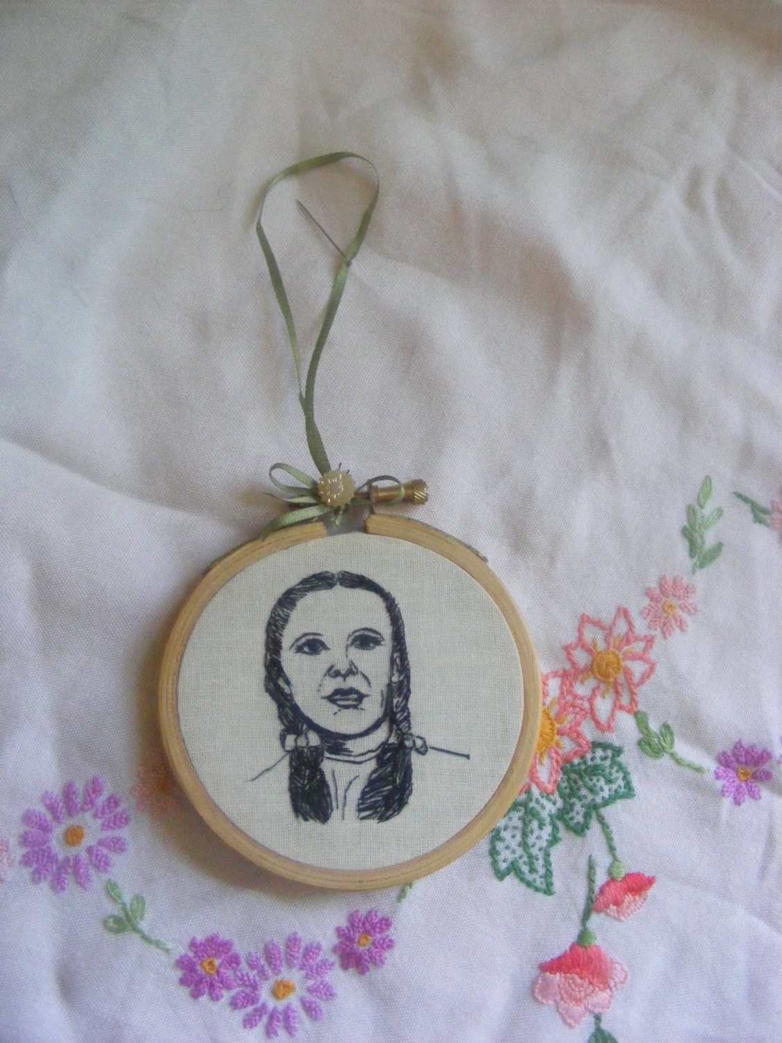 Hand embroidery blackwork wizard of oz . Dorothy Ribbon attached to hang