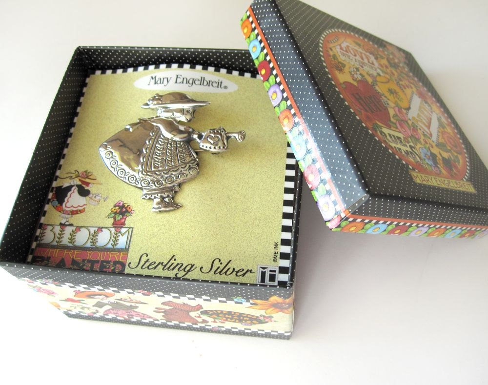 Mary Engelbreit gardener pin, vintage sterling silver, Mexico, girl with watering can, gift box, Bloom Where You're Planted