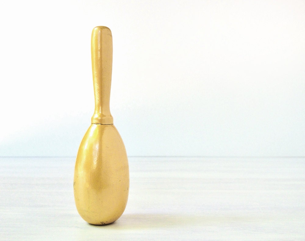 Vintage sock darner, pearl yellow gold painted wood, sewing supplies, tools, honey mustard, darning egg, iridescent