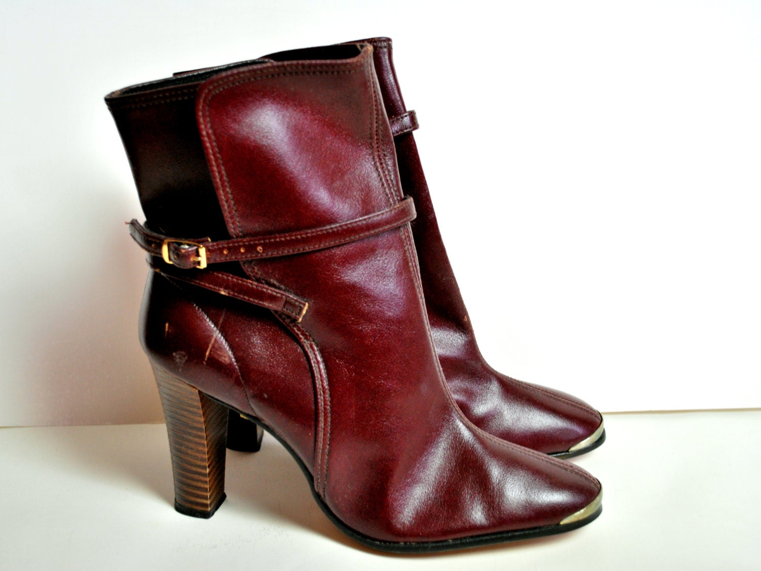 1980s Oxblood Brown Leather Ankle Boots with High Stacked Heels Size 6