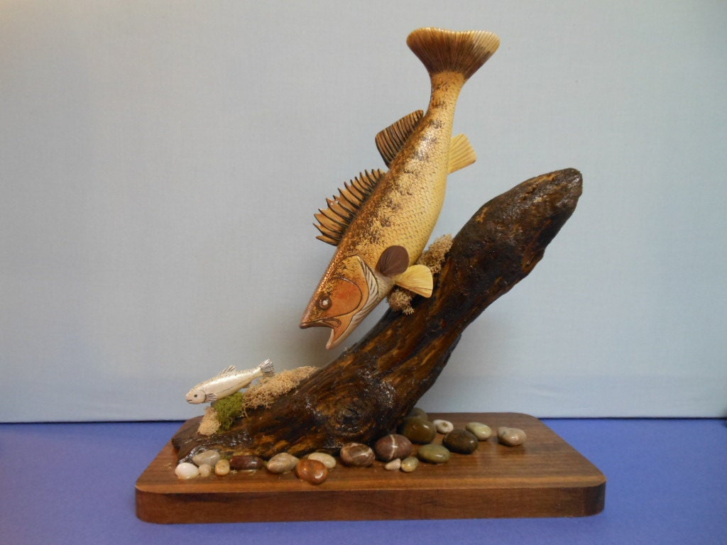 Walleye Hand Carved Wood Sculpture