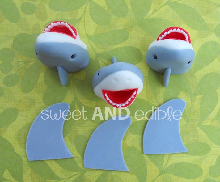 SHARKS and FINS. 12 Fondant Cupcake Toppers.