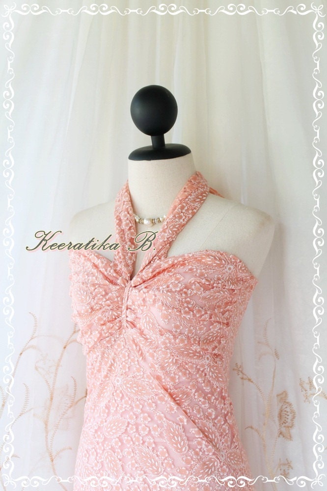 Princess Jasmine II - Gorgeous Party Cocktail Wedding Bridesmaid Night Lace Dress Peachy Pink Color Halter Style Jasmine Dress Collection