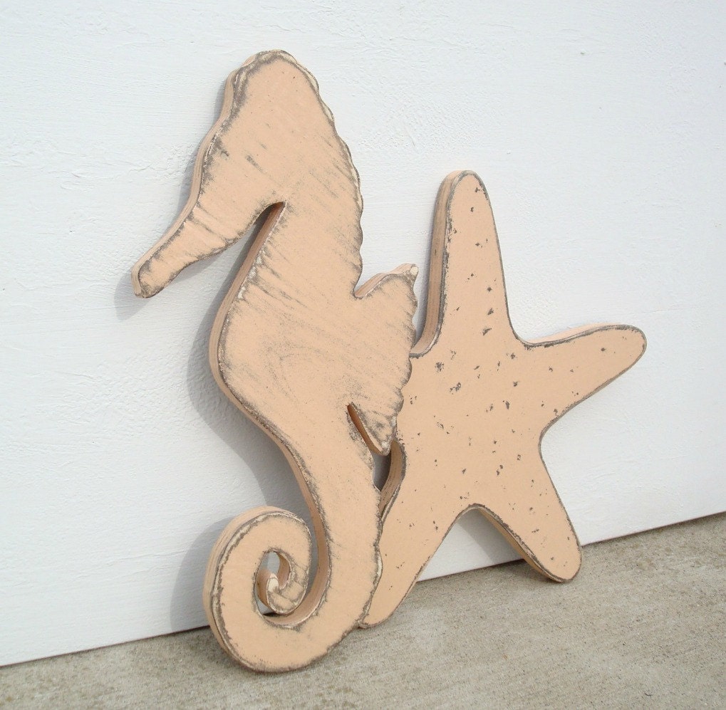 wood seahorse nautical fish wood wall art coral peach color