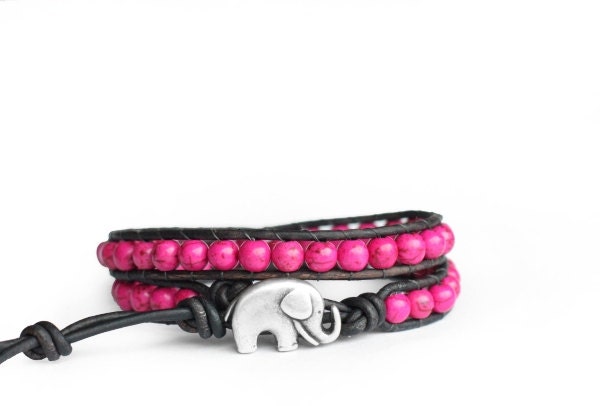 LOVE... Hot Pink Valentine's Day Beaded Leather Wrap Bracelet - the lucky elephant Original with Good Luck Elephant Button