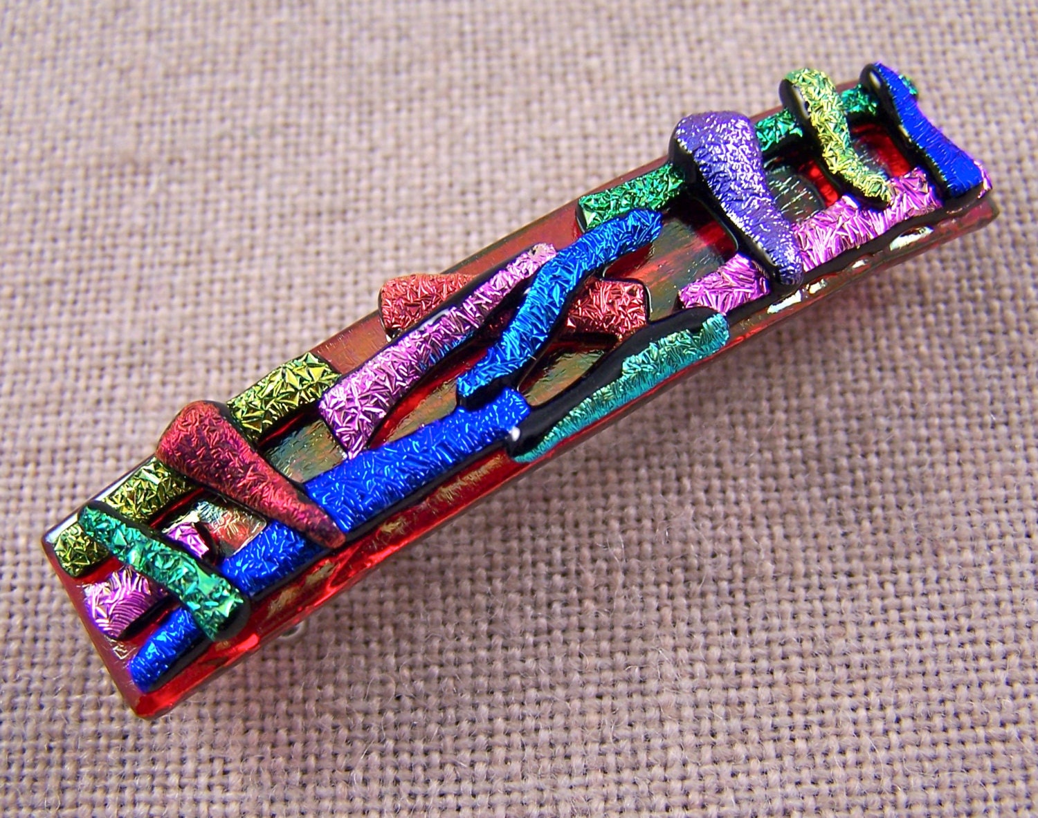 Dichroic Layered Barrette / RED Gold Pink Blue Green Purple Rainbow Crinkle Textures Fused Glass - 2.5" - Chunky Layers- Small