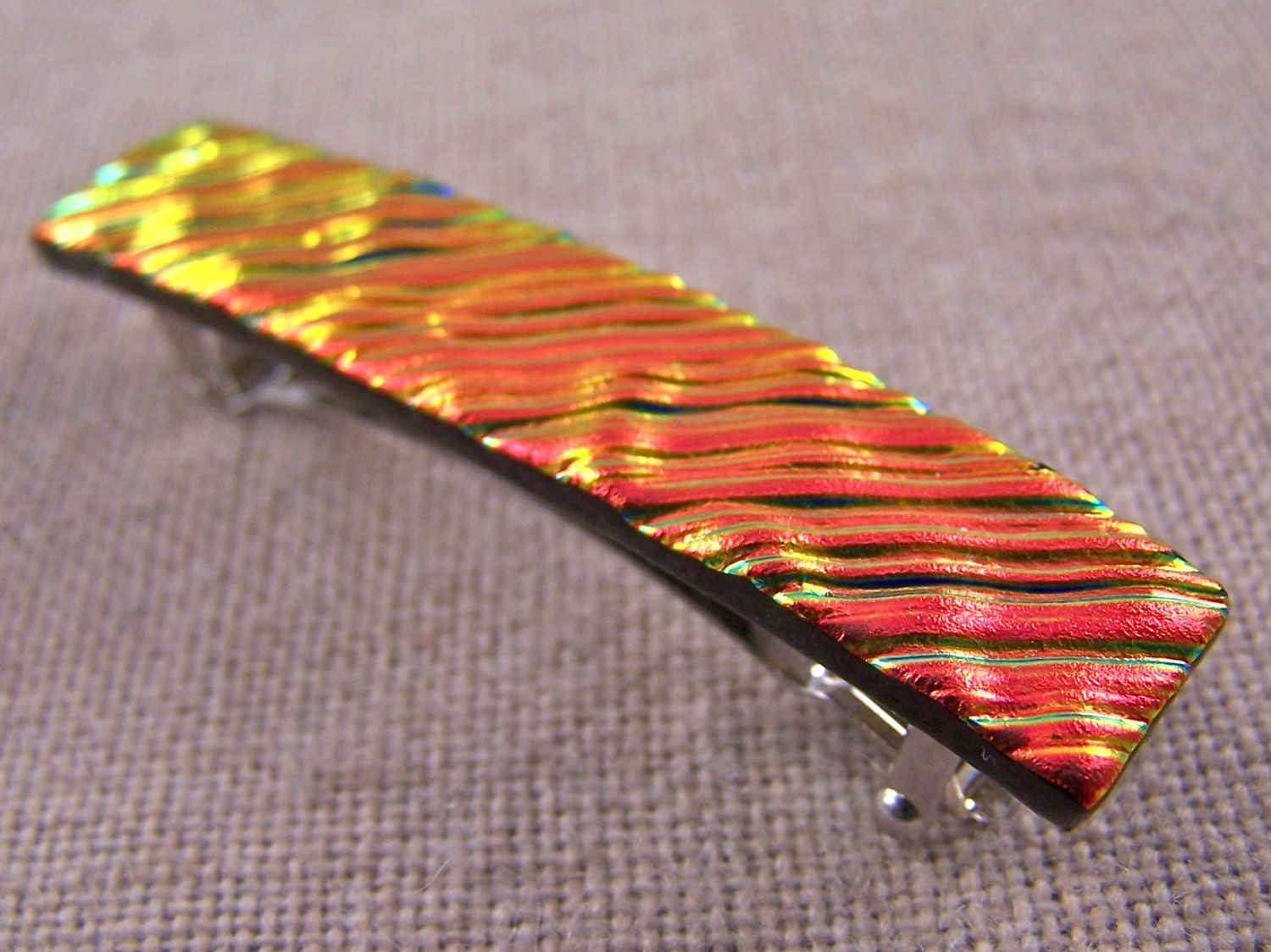Barrette Dichroic Ripples & Waves Gold Copper Orange Fused Glass - 2.5" / 65mm