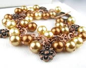 Gold and Copper Swarovski Crystal Pearl Charm Bracelet