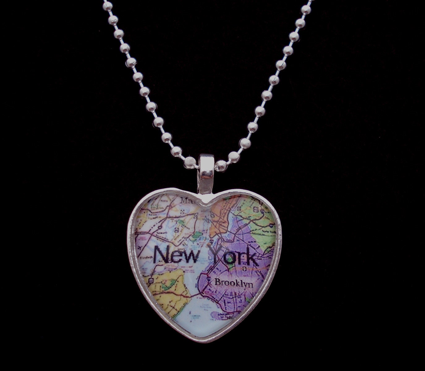 CUSTOMIZED Map Necklace YOU CHOOSE Location - Heart Silver plated Glass Pendant