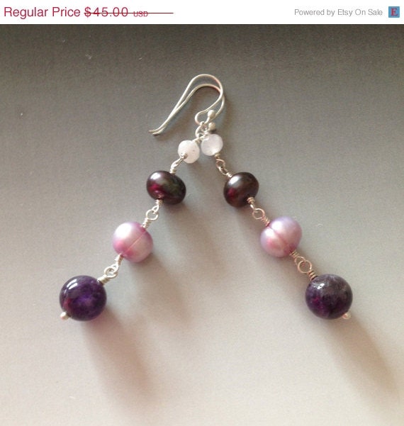 Spring Savings Sale Lilacs in Bloom ...Amethyst, Pearl, Rose Quartz and Sterling Silver Dangle Earrings