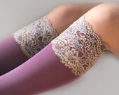 Beige /Levander Violet Lace Boot Cuff Socks - Boot Topper , Boot Cuff , Lace Leg Warmers. Ready to ship.