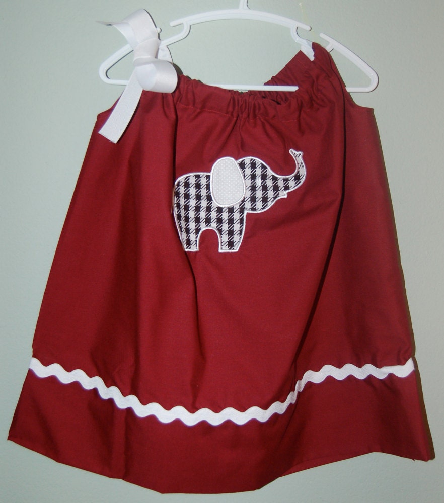 Alabama Crimson Tide Houndtooth Elephant Pillowcase Dress with Rickrack 6 12 24 month size 2t 3t 4t 5 6