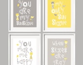 You Are My Sunshine Giraffe Art Prints Yellow and Gray Giraffes and birds- 8x10 wall art, baby shower gift, boy and girl colors - YassisPlace