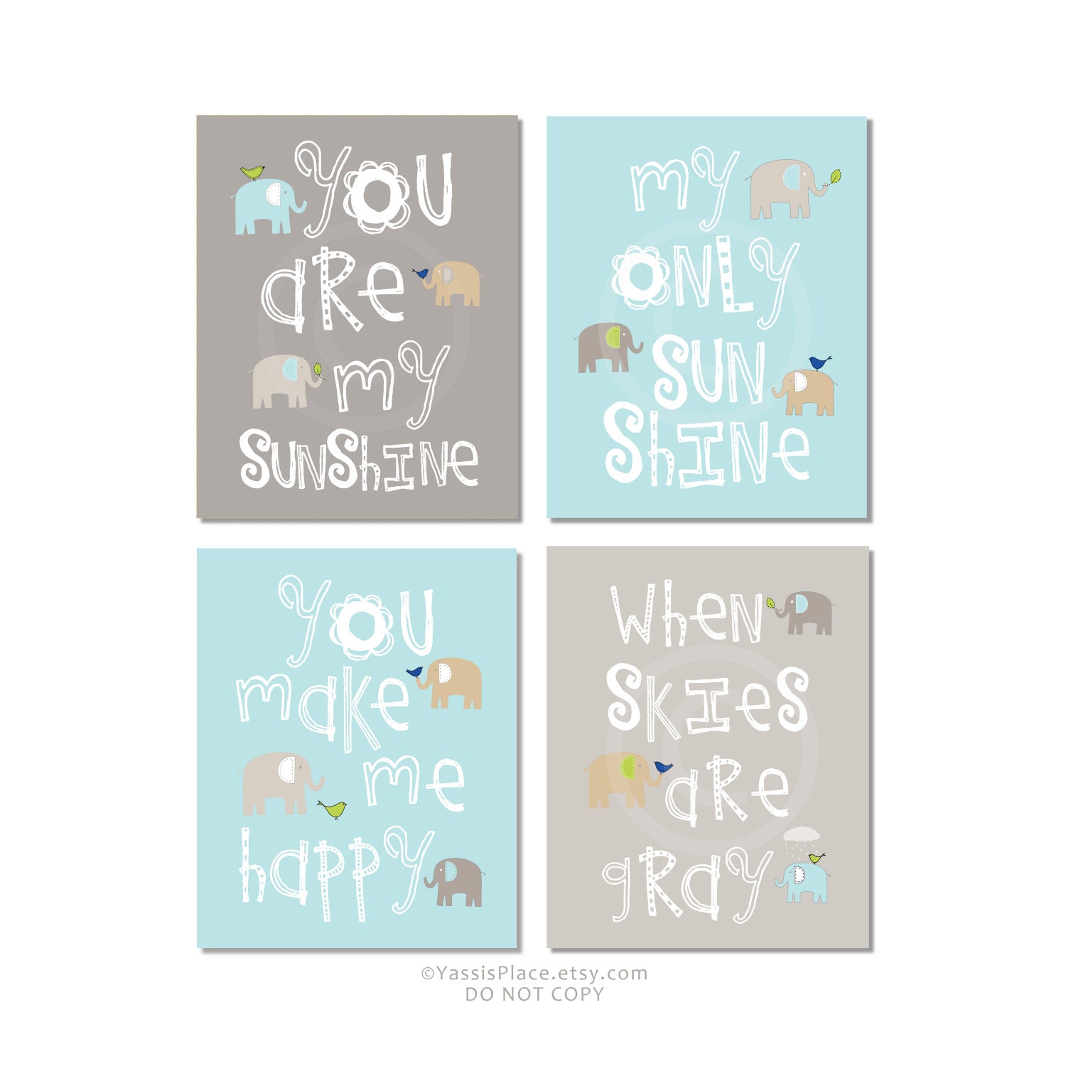 You Are My Sunshine, Brooks Wall Art,  Gray, Aqua, Tan Nursery Decor Prints - Elephant and bird -  8x10 - baby shower gift, for boy