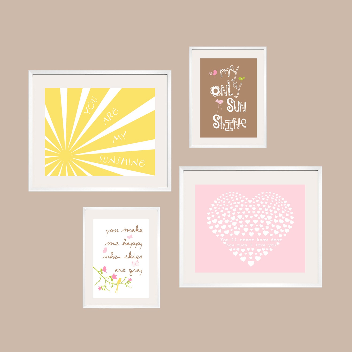 You Are My Sunshine Prints for Camille Pottery Barn Bedding 8x10 and 5x7 set in yellow, pink, green, and light brown by YassisPlace