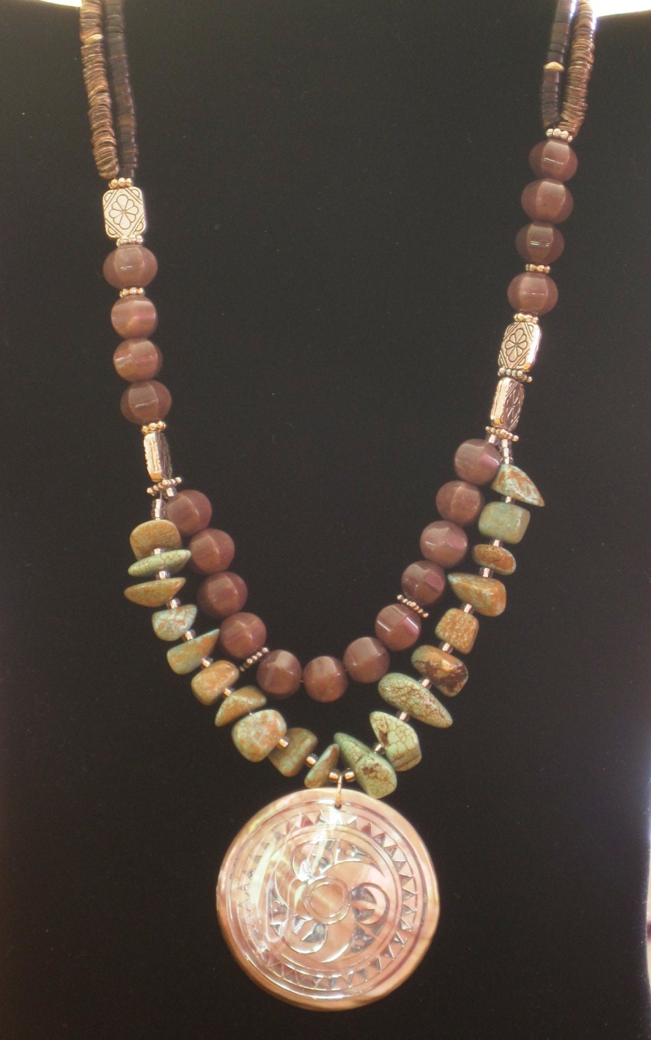 Native American style tribal necklace in turquoise, silver and mauve