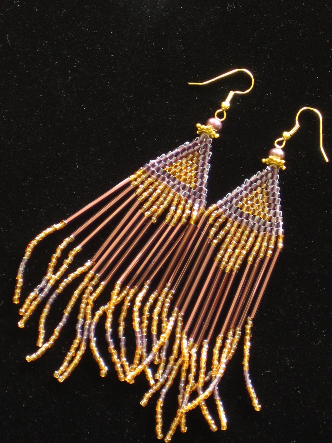 Native American style beaded fringed earrings in gold and lavender