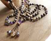 Yoga Beads for Meditation, 108 bead mala with Cappuccino Jasper, Amethyst, Smokey Quartz, Baltic Amber - statement jewelry