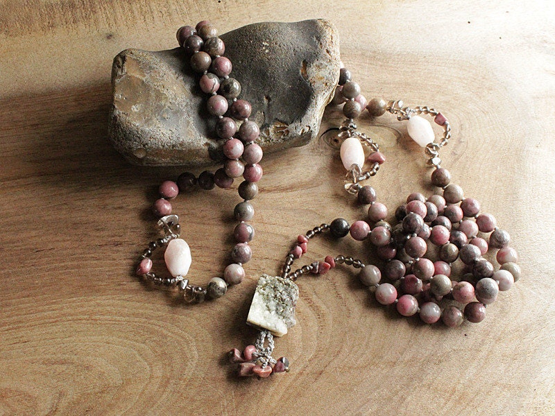 Rhodonite mala, yoga beads for meditation, 108 bead mala Morganite and Smokey Quartz - Tibetan Buddhist style mala