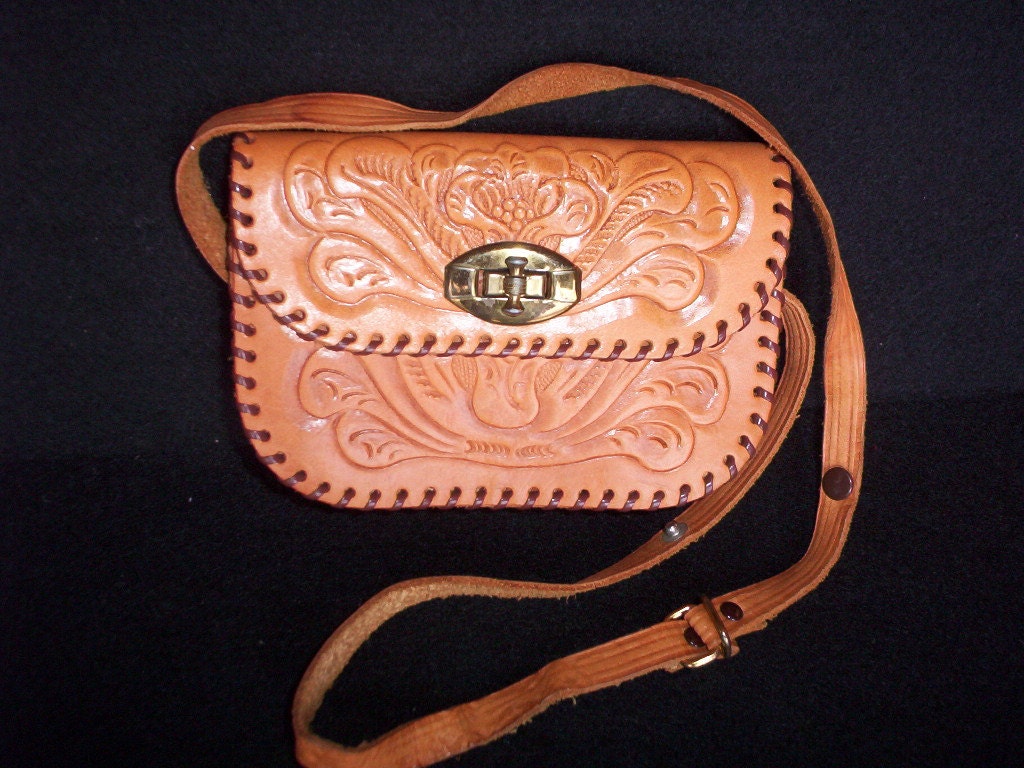 Hand Tooled Floral Design Small Purse with Adjustable Handle