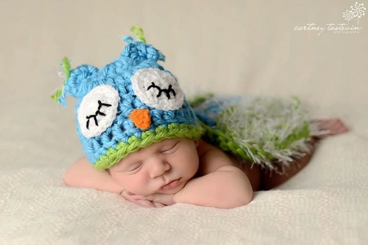 Blue and Lime green Owl Hat & Cape - baby boy photo prop and/or costume - Newborn