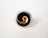 Black and Gold Swirl Ring in Sterling Silver. Recycled Vintage Button Jewelry