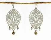 Moroccan  filigree earrings.  Ivory and gold teardrop earrings,  Indie jewelry in patinated brass and vintage glass and pearl