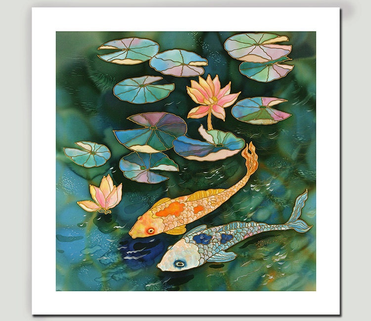 GICLEE Print-Of Original Painting-SILK Painting-Acrylic Painting-FISHES-Lotus-Koi -8.5inX11in