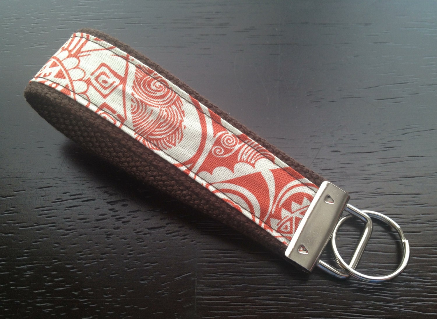 Fabric wristlet keychain, key fob - Burnt orange paisley