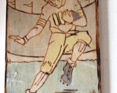 Vintage Wood Burned Football Player Artwork