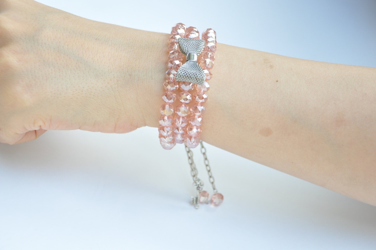 pink Crystal bead  bow tie   metal bracelet