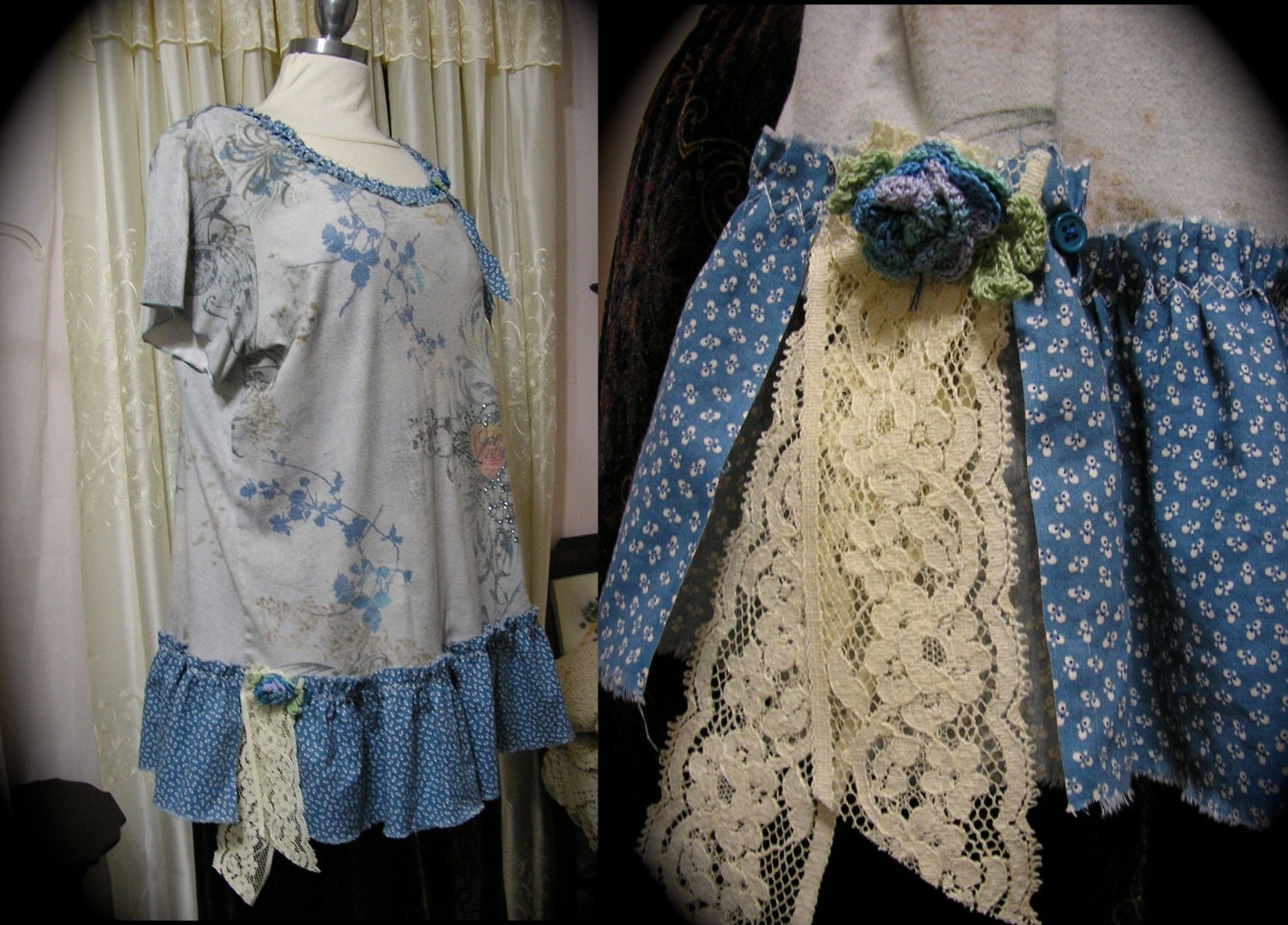 Shabby Cottage Top, upcycled altered chic cotton blouse, ruffled fabric lace buttons embellished 1X