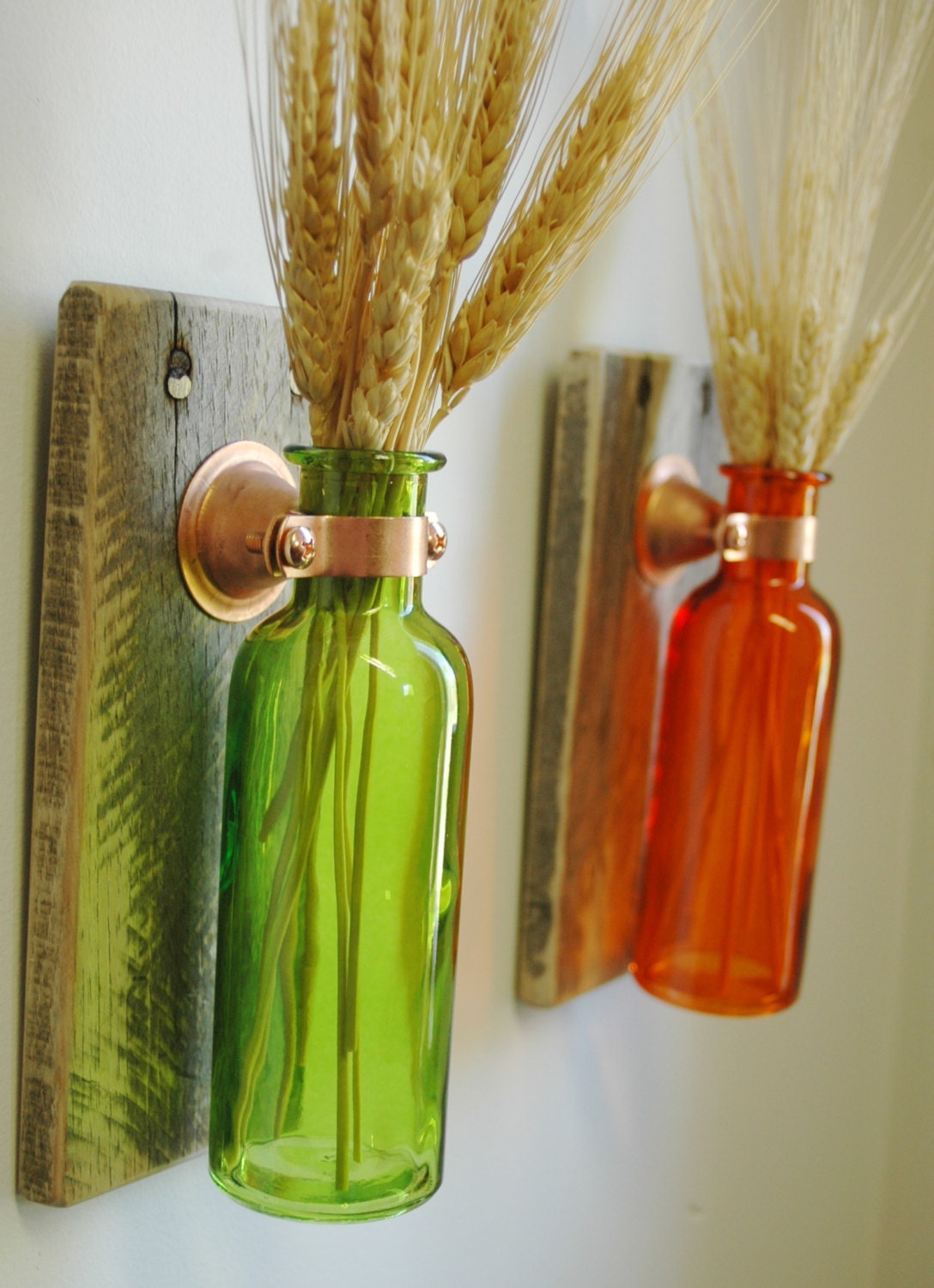 Colored Bottle Pair each mounted on Recycled wood for unique rustic wall decor bedroom decor kitchen decor