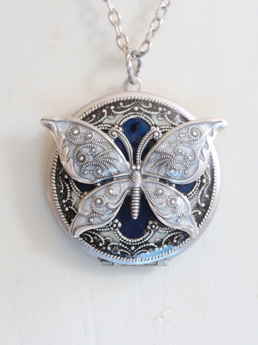 Butterfly Silver Locket,Blue Locket,filigree locket necklace,photo locket , vintage locket,Wedding Necklace,bridesmaid necklace