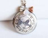 Hummingbird, Silver Locket, Locket,Photo Locket,Flower and Hummingbird Silver Bridesmaid Necklace,Wedding Necklace