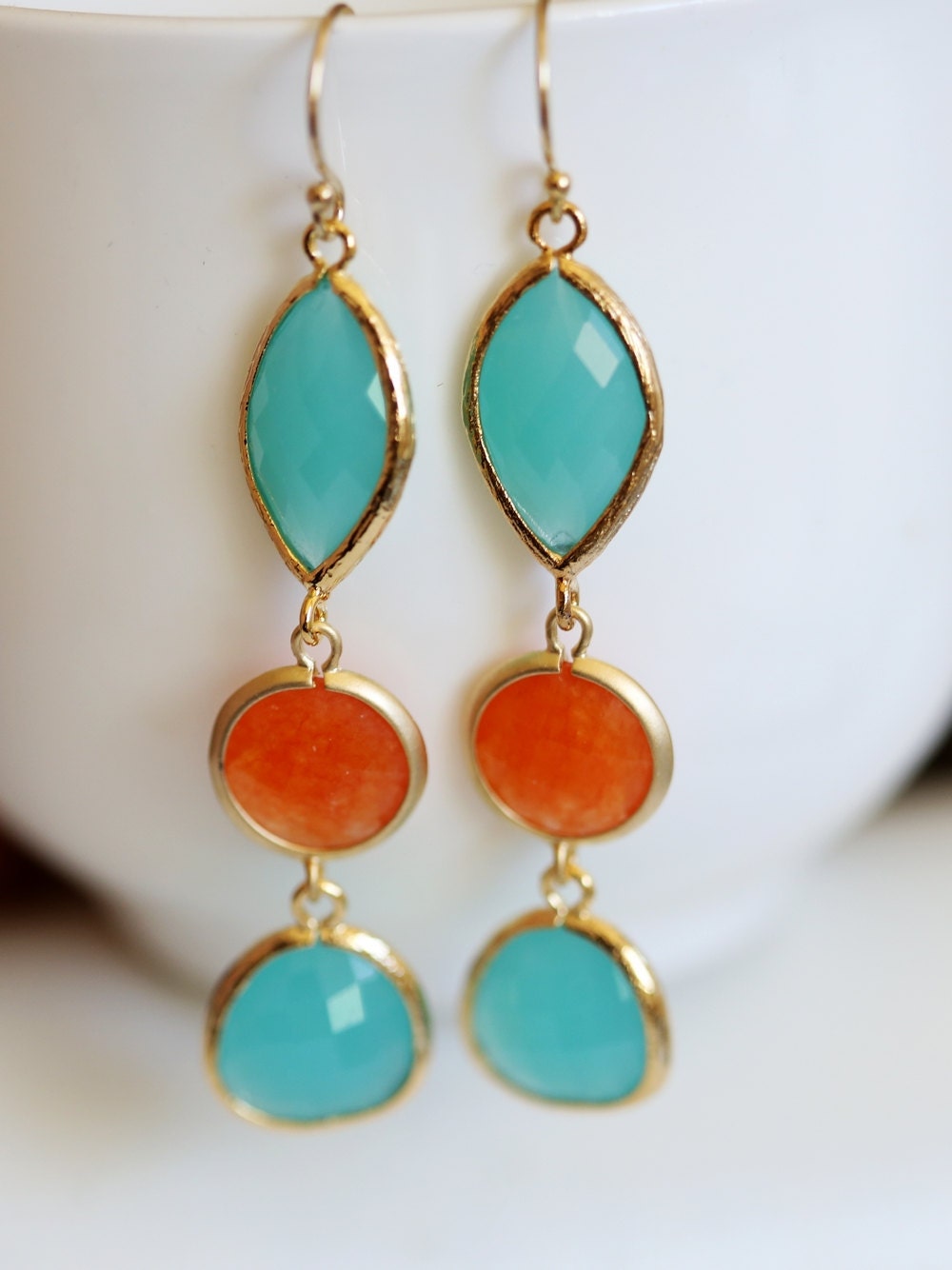 Spring Collection Orange and Mint Gold Earrings,gold drop earrings,Drop,Dangle,Glass Earrings, bridal jewelry bridesmaid gift
