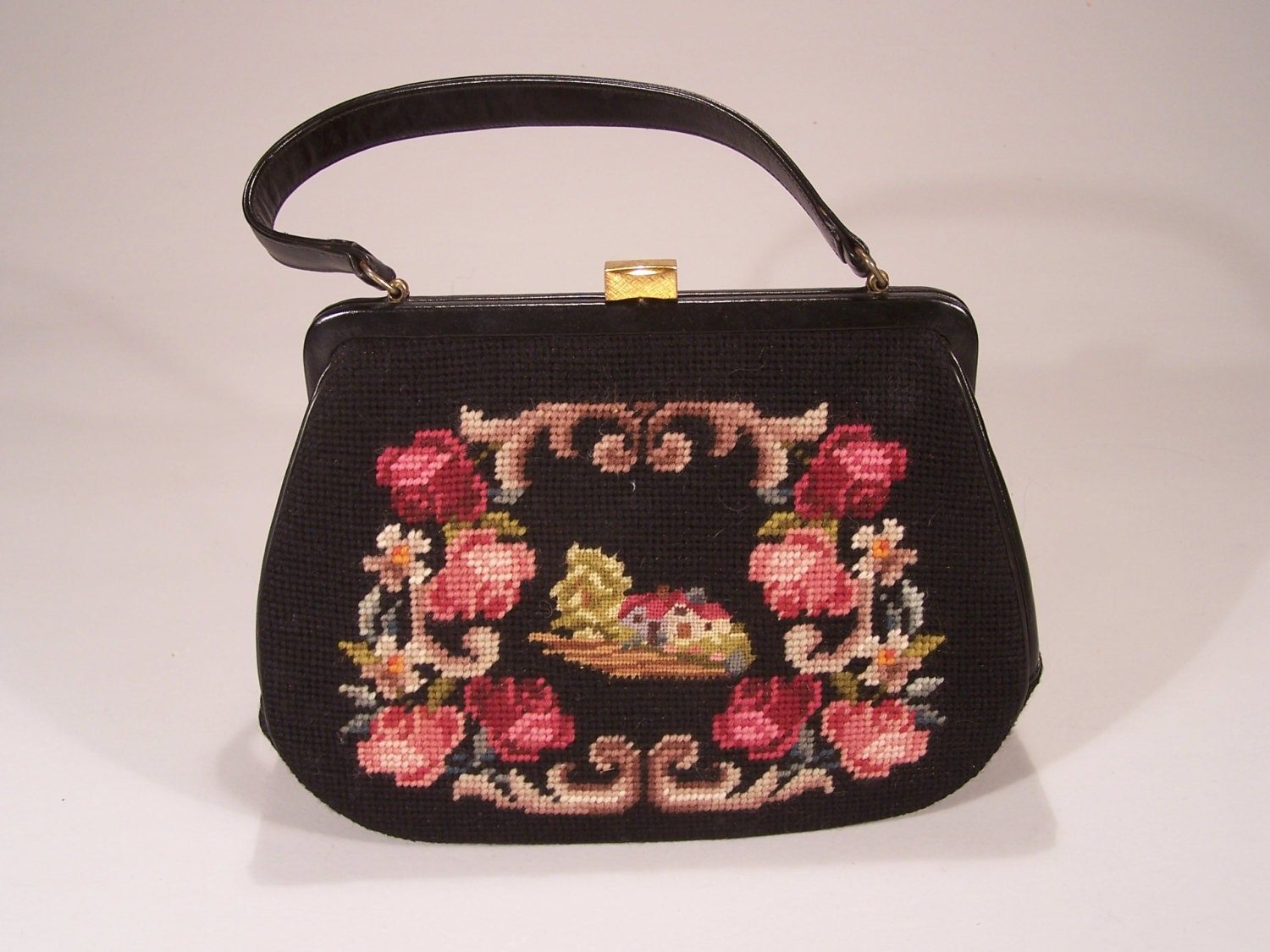 Needlepoint Bag - Handmade with Petitpoint in Center - Black Leather - Excellent Condition