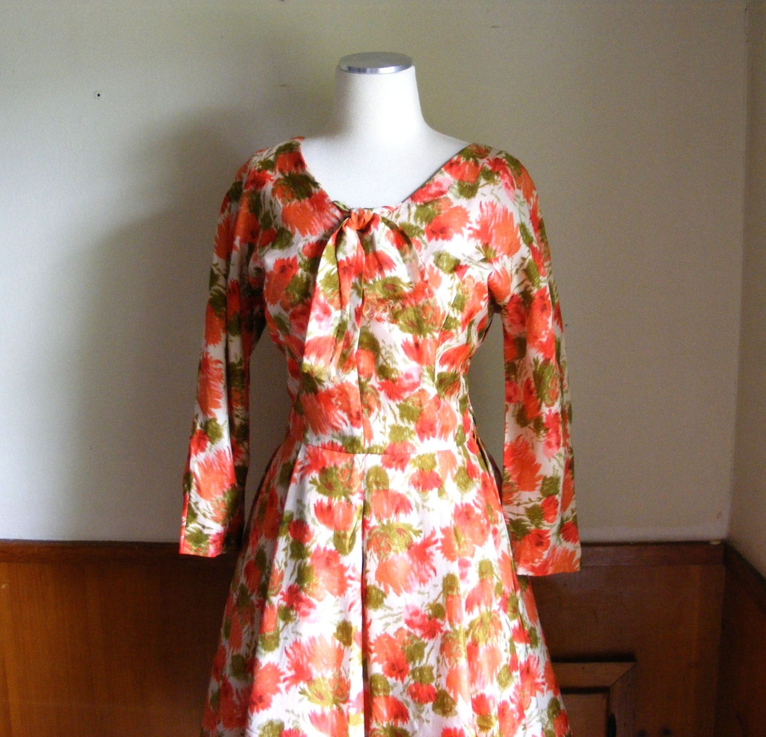 50s dress coral floral print satin spring party S M