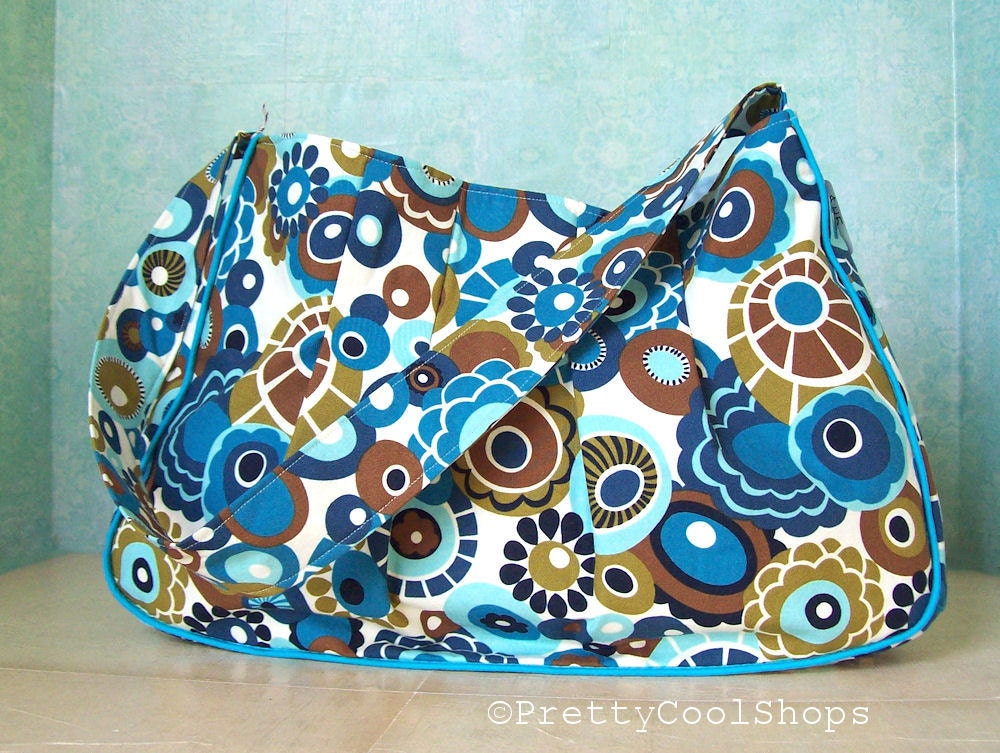 Big New B Bag, Shoulder bag, purse, blue, brown, mod, floral, handmade, pleated purse, inside zipper pocket, east west bag