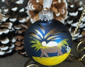 Hand Painted Glass Christmas Ornament - Navy Blue Nativity, Jesus "The Reason for the Season", Great Personalized Baby Shower Gift