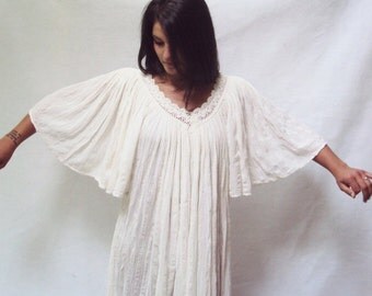 15% off Memorial Day Sale Vintage 70s Boho White Tent Dress S M L Xl Angel Sleeves Crochet Gauzy Cotton