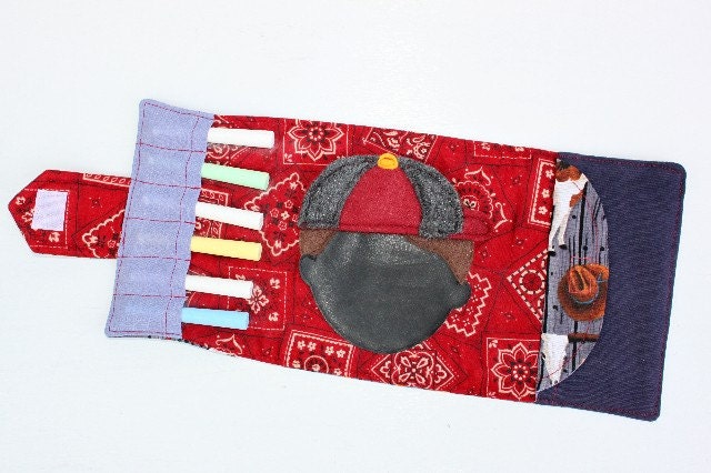Travel Toy Chalk Board Wallet, Chalk Face Fold and Go, Chalk Mat, Boy, Cowboy Fabric